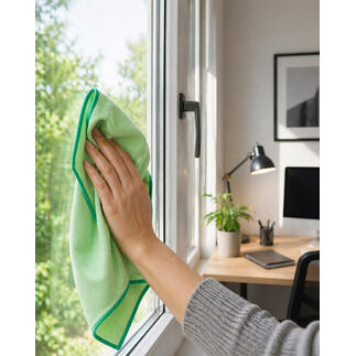 Hand wischt mit grünem Fensterputztuch ein Fenster in einem modernen Arbeitszimmer.