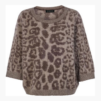 Brushed-Cashmere-Pullover mit Leo-Muster in Braun und Beige