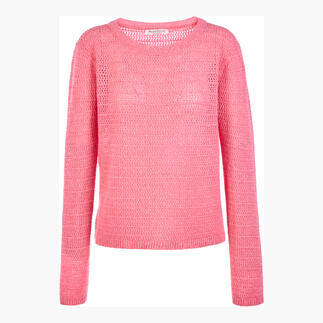 Rosa William Lockie Edel-Mesh-Pullover auf weißem Hintergrund.