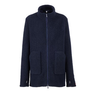 Vorderansicht des Woll-Sherpa-Fleecejackets in dunkelblau mit Reißverschluss.
