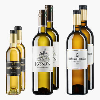 Drei Flaschen Bordeaux-Weißwein in unterschiedlichen Formaten auf weißem Hintergrund.