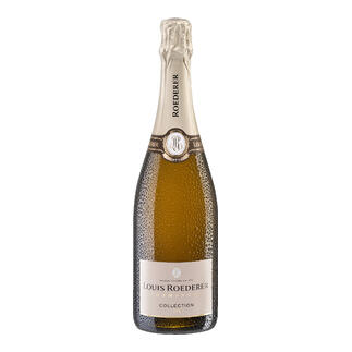 Flasche von Louis Roederer Collection 246 mit goldfarbener Blase im Hintergrund.