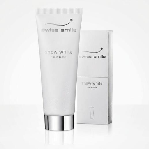 Schweissmilch Whitening-Zahncreme in weißer Tube, mit Verpackung.