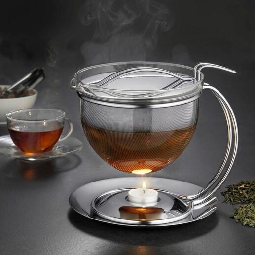 1,5 l Teekanne mit klarer Teeflasche auf Stövchen.