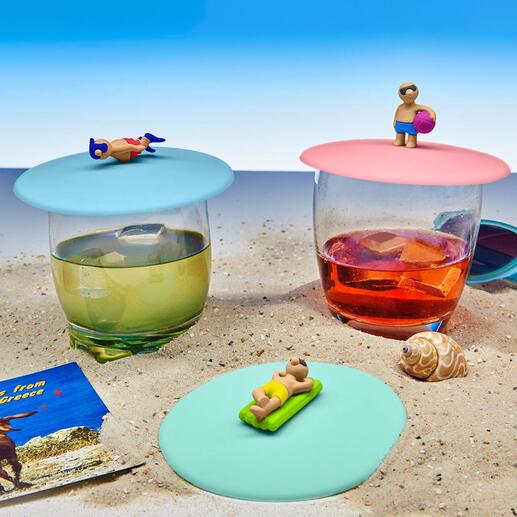 3er-Set Glas-Abdeckung Coole Beach-­Boys und ­- Girls schützen Ihre Drinks vor lästigen Insekten.