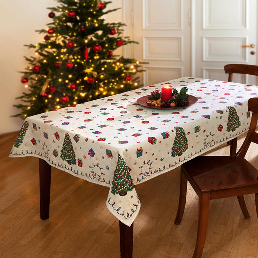 Nostalgische Weihnachts-Tischdecke Aufwändig als Jacquard gewebt: die Tischwäsche mit fröhlichen Weihnachtsmotiven.