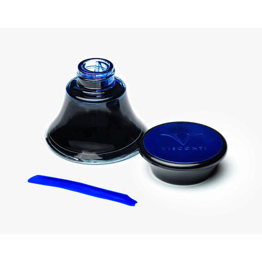 Offene Flasche Visconti-Tinte, blaue Flüssigkeit sichtbar
