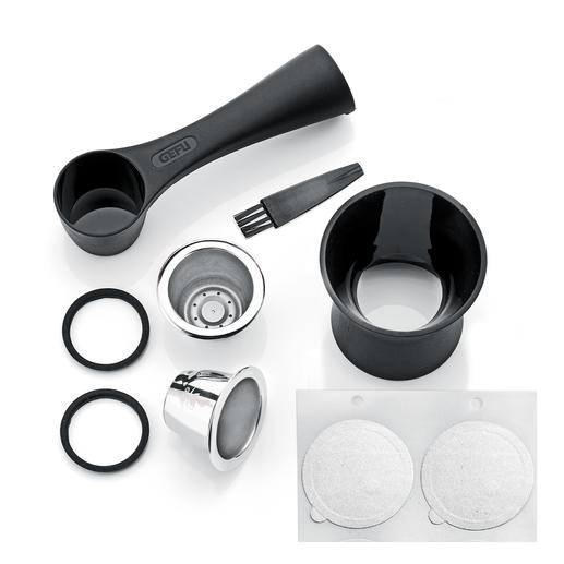 Das 8-teilige Set enthält 2 Edelstahlkapseln, Kaffeemaß mit Tamper, 80 Aroma-Sticker, 2 Ersatz-Dichtungsringe, Reinigungsbürste. Das 8-teilige Set enthält 2 Edelstahlkapseln, Kaffeemaß mit Tamper, 80 Aroma-Sticker, 2 Ersatz-Dichtungsringe, Reinigungsbürste.