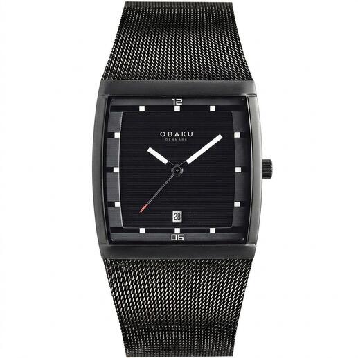 Obaku Karree-Herrenuhr in Schwarz mit Lederarmband.