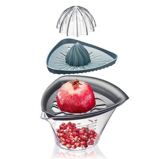 Bestehend aus: Auffangbehälter mit Skala, Granatapfel-Aufsatz, Zitruspresse-Aufsatz, Zusatz-Presskegel für größere Früchte.