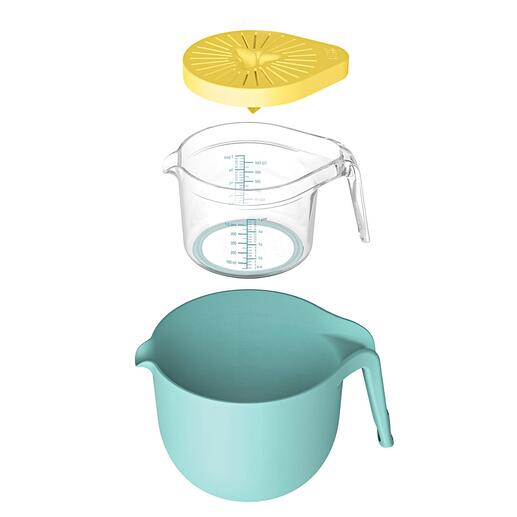 2,5 l-Mix- und Rührschüssel, 0,5 l Messbecher und aufsteckbare Zitruspresse – platzsparend ineinander verstaut. 2,5 l-Mix- und Rührschüssel, 0,5 l Messbecher und aufsteckbare Zitruspresse – platzsparend ineinander verstaut.