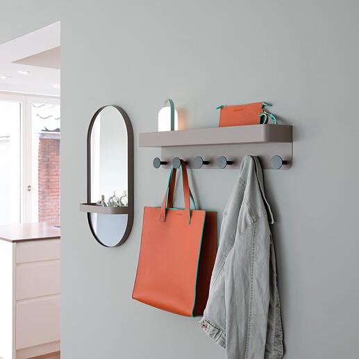 Wandspiegel oder -Garderobe mit Ablage Moderne, flach anliegend ovale Form. Oben mit Spiegelglas, unten trendiges Rauchglas. Immer ein stylisher Blickfang.