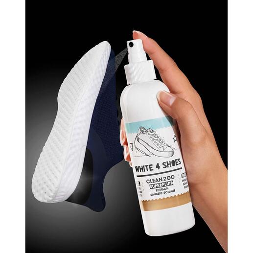 White 4 Shoes, 200 ml-Pumpsprühflasche und 40 x 40 cm Mikrofasertuch Weiße Sneaker- und Turnschuhsohlen – ruck-zuck strahlend sauber wie am ersten Tag. Made in Germany.
