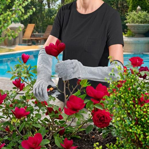 Gärtnerin mit Safety-Gartenhandschuhen schneidet eine Blume.