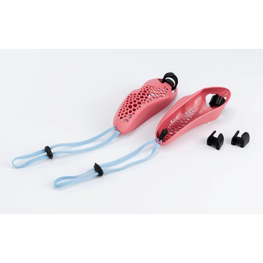 Zwei rosa Laufmaus-Halter für Damen, mit blauen Bändern zur Befestigung.