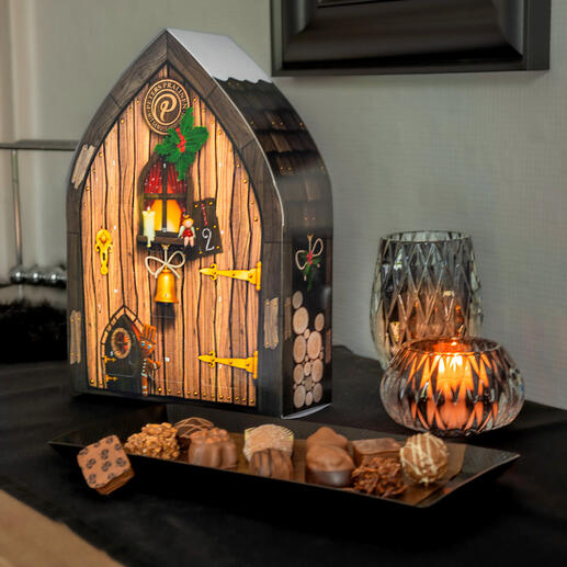 Adventskalender Wichtel Sein Wichtelhaus beherbergt 24 köstliche, alkoholfreie Pralinen.