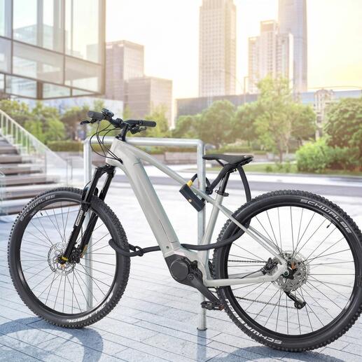 Bügelschloss mit Sicherheitsseil an einem Fahrrad montiert.