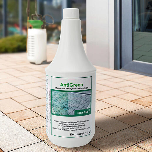 Flasche AntiGreen, 1 Liter Konzentrat auf einem Pflasterboden