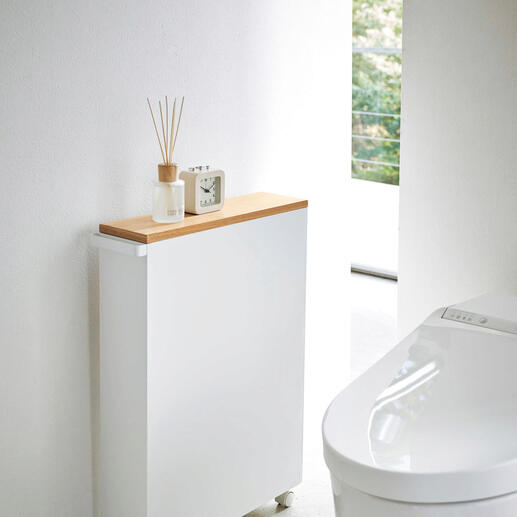 Moderner WC-Schrank in Weiß mit Holzoberfläche