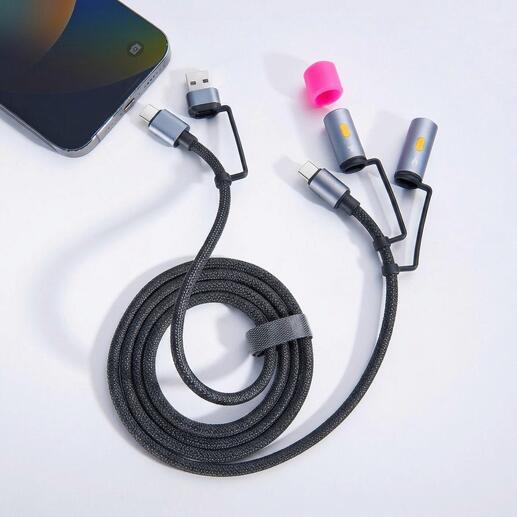 4-in-1 Ladekabel mit mehreren Anschlussmöglichkeiten auf einem Tisch neben einem Smartphone.