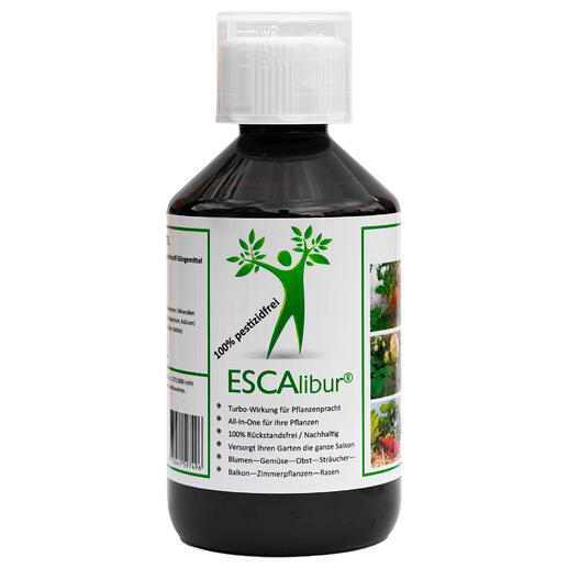 ESCAlibur® Pflanzennahrung, 250 ml ESCAlibur® Pflanzennahrung in Flasche, 250 ml mit grünen Pflanzenbildern auf dem Etikett.