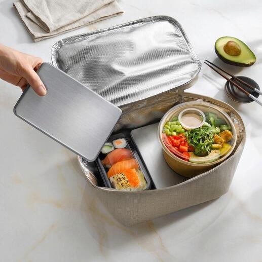 Edelstahl-Kühlakku wird in eine Kühltasche mit Essen eingelegt.