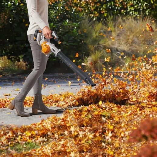 Person nutzt Akku-Laubbläser im Garten