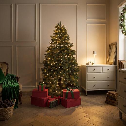 Beleuchteter Weihnachtsbaum mit Geschenken und warmem Licht in einem eleganten Raum.