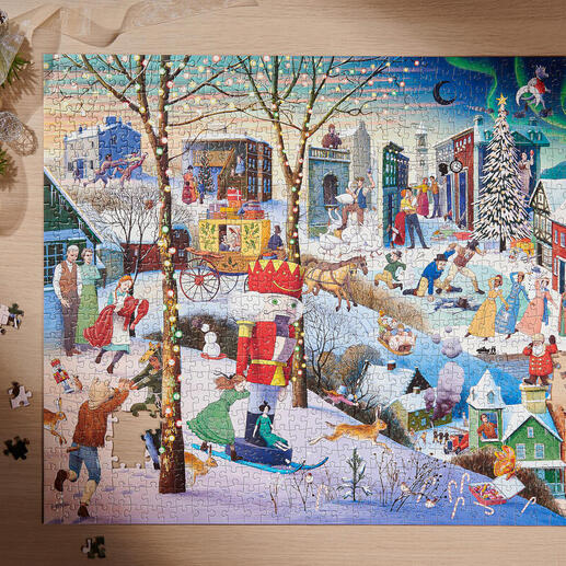 Bunte Puzzleszene mit Menschen an einem Wintermarkt, Puzzlestücke liegen verstreut.