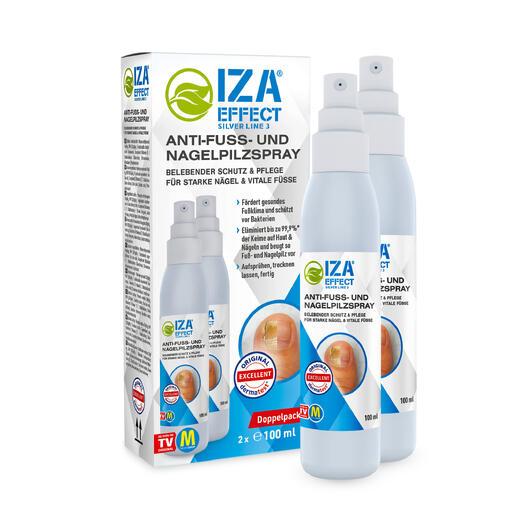Zwei Flaschen Anti-Fuß- und Nagelpilzspray in einer Verpackung.