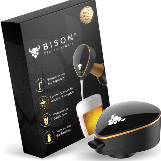 Biersonikator in schwarzer Farbe mit goldenen Akzenten und Verpackung, die ein Bierglas zeigt.