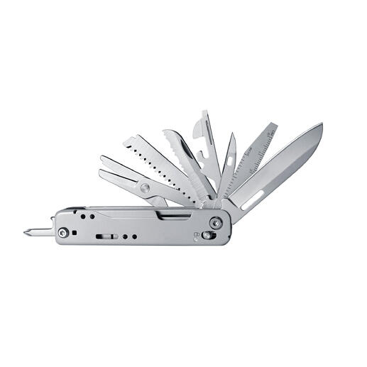Kompaktes Multitool 12-in-1 mit verschiedenen Werkzeugen ausgeklappt.