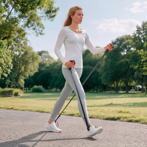 Frau beim power-walking mit Sportgeräten in einem Park.