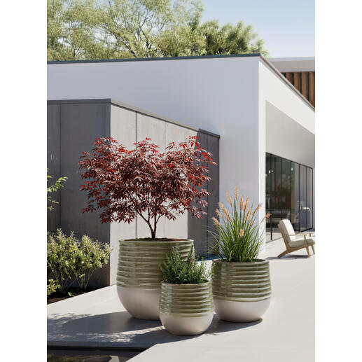 Drei Übertöpfe im Keramikdesign stehen auf einer Terrasse mit Pflanzen.