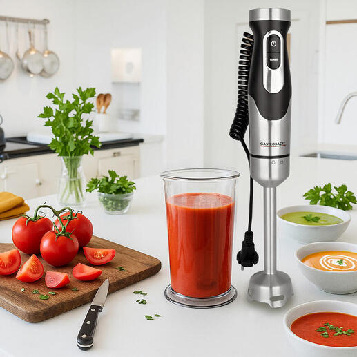 Power Stabmixer 1.500W auf der Küchenarbeitsplatte mit Tomaten und Gemüsesuppe.
