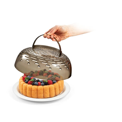 Hand hebt einen abnehmbaren Deckel von einer 3 in 1 Schale mit Früchten