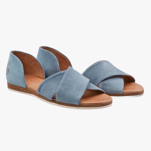 Zwei blaue Kreuzbandagen-Sandalen von vorne.
