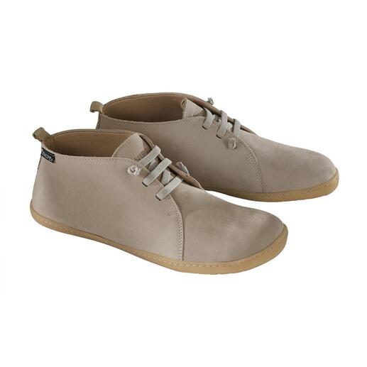 Beige Barfuß-Lederschuhpaar von vorne