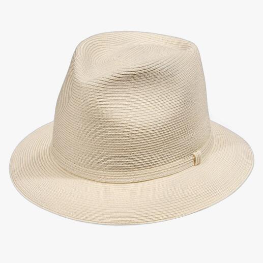 Beiger Fedora-Hut mit schmaler Krempe in Größe 56 cm.