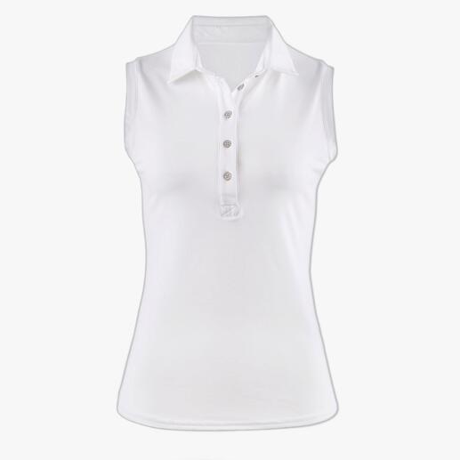Perfektes Allround-Duo: Basic-Pants und -Poloshirt aus softem, italienischem Funktions-Material. Optimales Körper-Klima. Zuverlässiger UV-Schutz. Schnelltrocknend. Farb- und formstabil. Ärmelloses weißes Poloshirt der CARUBINA Collection in Größe 34.
