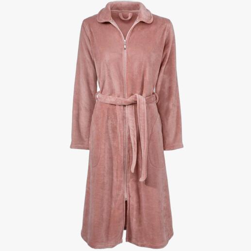 Rosa Couture-Bademantel, frontal dargestellt auf weißem Hintergrund.