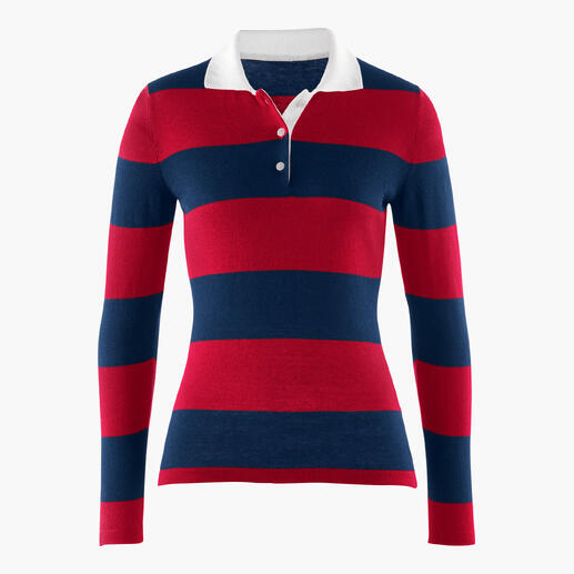 Rugby-Polo-Shirt in Rot und Blau von vorne.