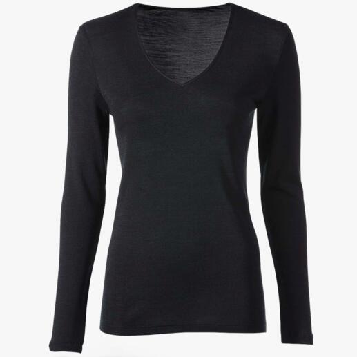 Schwarzes Woolen Silk Langarm-Shirt mit V-Ausschnitt.