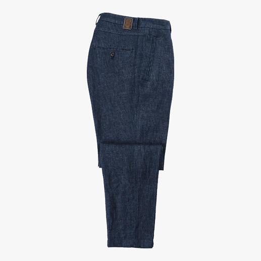 Die leichte Edel-Jeans aus reinem Leinen. Authentischer Denim-Look mit echter Indigo-Färbung. Von Hosen-Spezialist g1920.