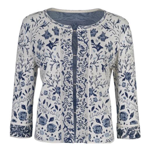 Floraler Cardigan mit durchgehenden Knöpfen und floralem Muster.