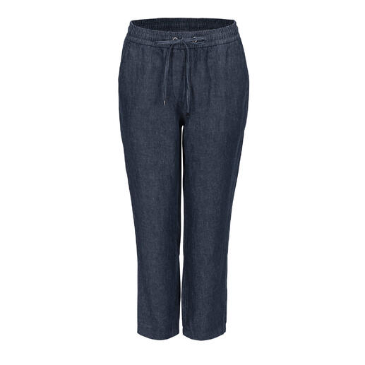 Vorderansicht von Indigo-Leinen-Joggpants.