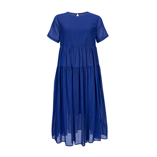 Vorderansicht des blauen Sommerkleides mit voluminösem Rock