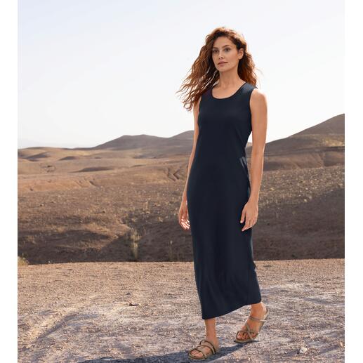 Ärmelloses Kofferkleid in Navy, bodenlang.