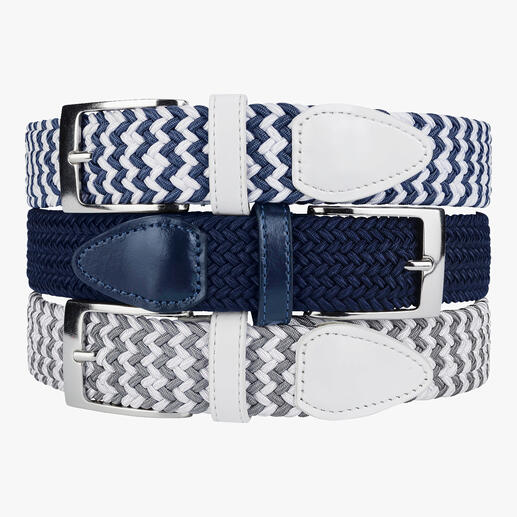 Bündel elastischer Gürtel; Farben: Weiß und Jeansblau mit glänzenden Schnallen