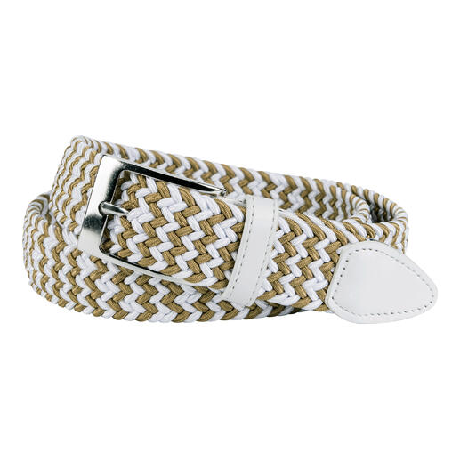 Elastischer Gürtel für Damen in Weiß und Khaki, geflochtenes Design.